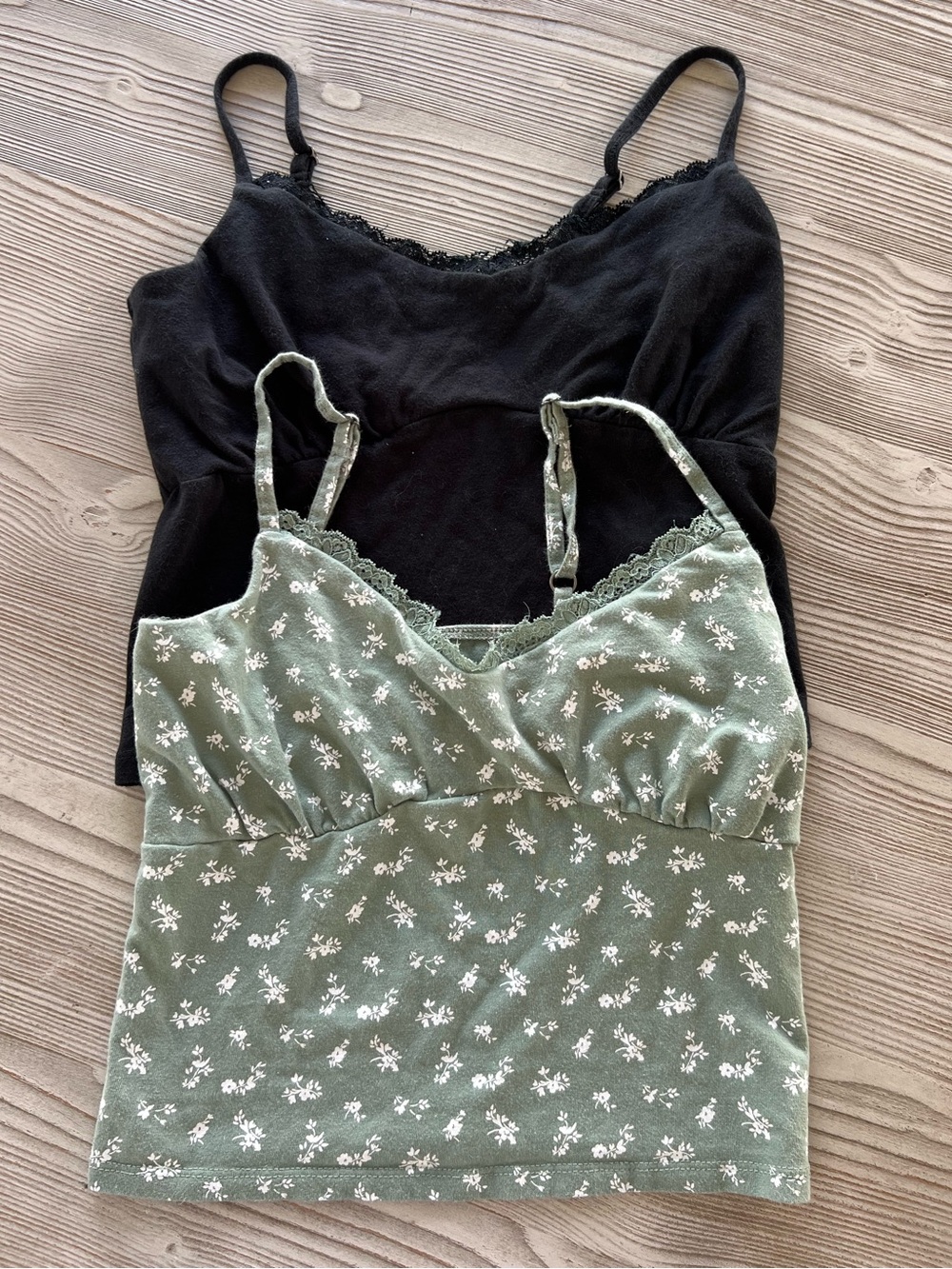 Hollister Black Lace-Trim Cami & Sage Green Floral Camis